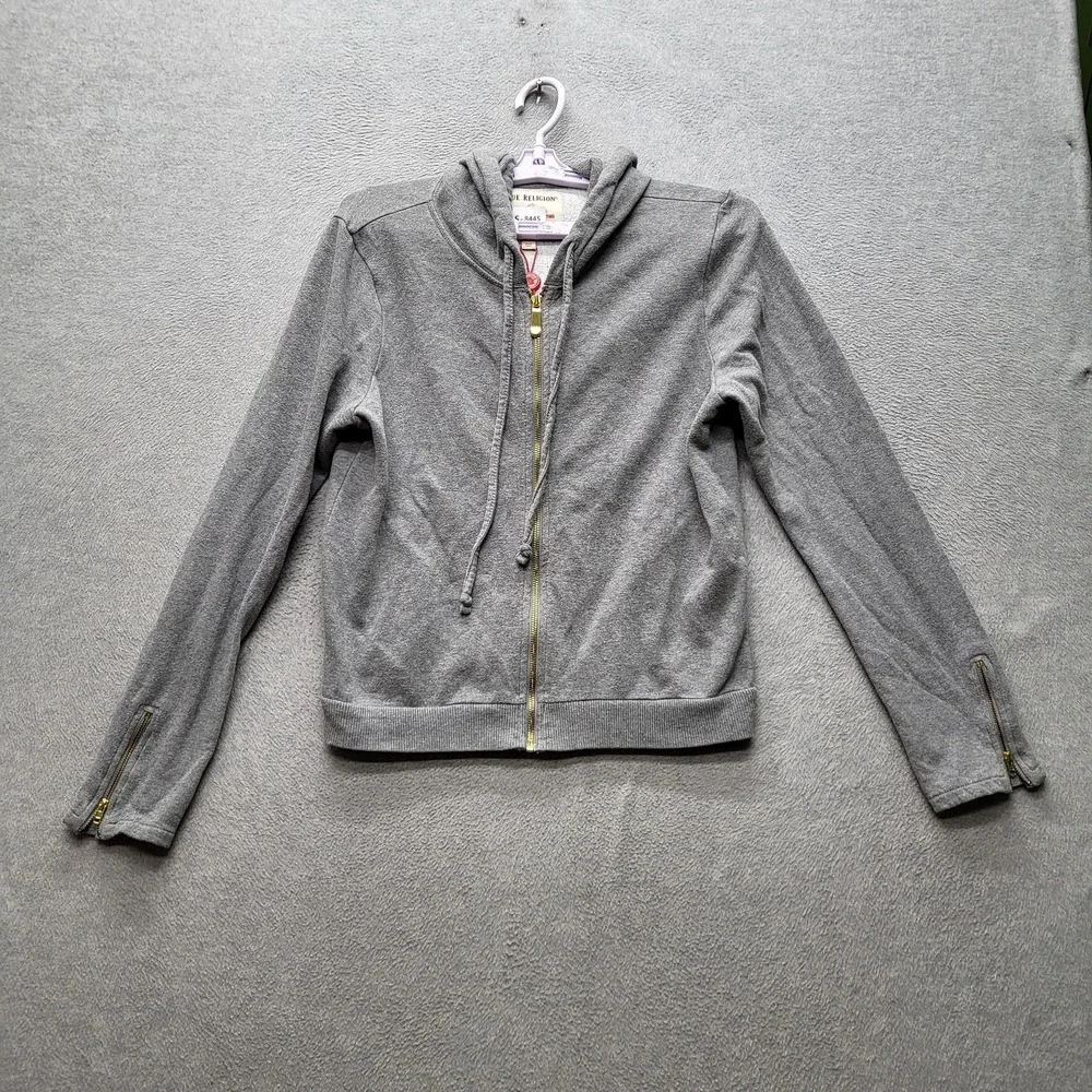 True Religion Women Hoodie M Gray Stud‎ Design Zipper Studded Rhinestones